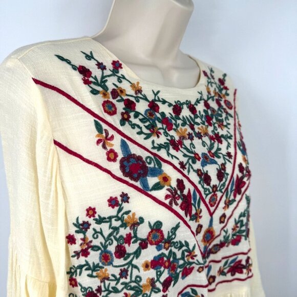 Umgee USA Cream Floral Embroidered Ruffle Sleeve Boho Dress Womens size Large cr - Picture 6 of 10